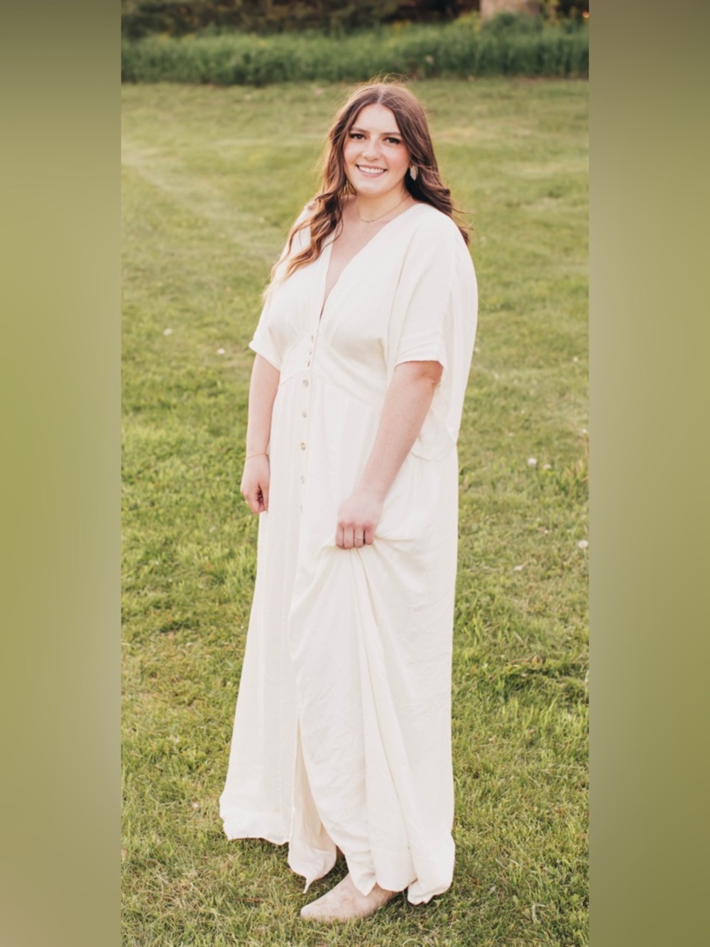 Cream Button-Front V-Neck Maxi Dress